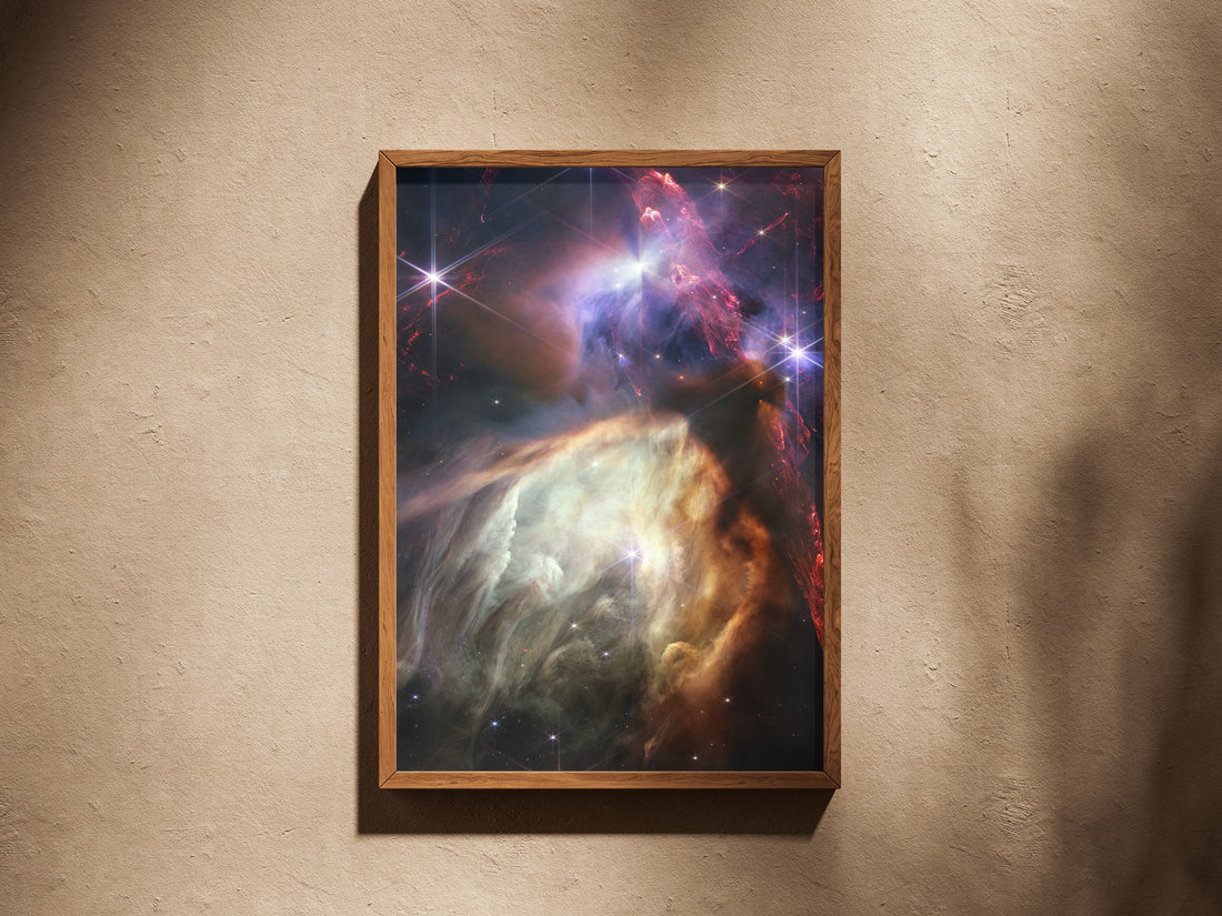 Rho Ophiuchi print in a wooden frame on a plaster wall