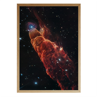 Framed astronomy wall art of Herbig-Haro 49/50 showing a bright newborn star ejecting jets of gas through interstellar dust – captured in rich cosmic detail by Skylit Studio.