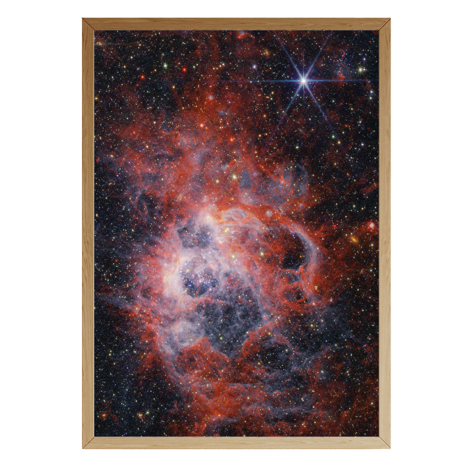 Framed deep sky astronomy print of NGC 604 nebula, featuring vivid red, violet, and star-filled detail captured by the Hubble and James Webb telescopes – part of Skylit Studio’s cosmic wall art collection.