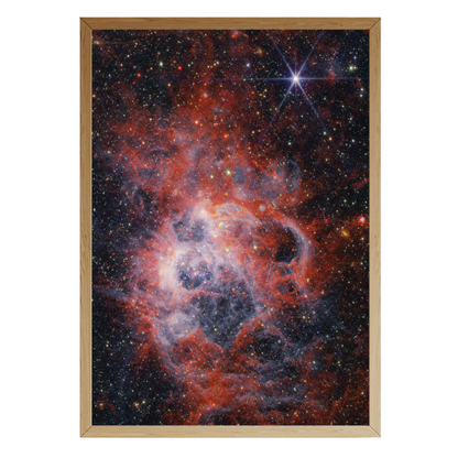 Framed deep sky astronomy print of NGC 604 nebula, featuring vivid red, violet, and star-filled detail captured by the Hubble and James Webb telescopes – part of Skylit Studio’s cosmic wall art collection.