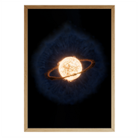Framed space art illustration of a fiery star engulfing a planet, with swirling rings of cosmic dust, set against a black background – a dramatic cosmic scene from Skylit Studio.