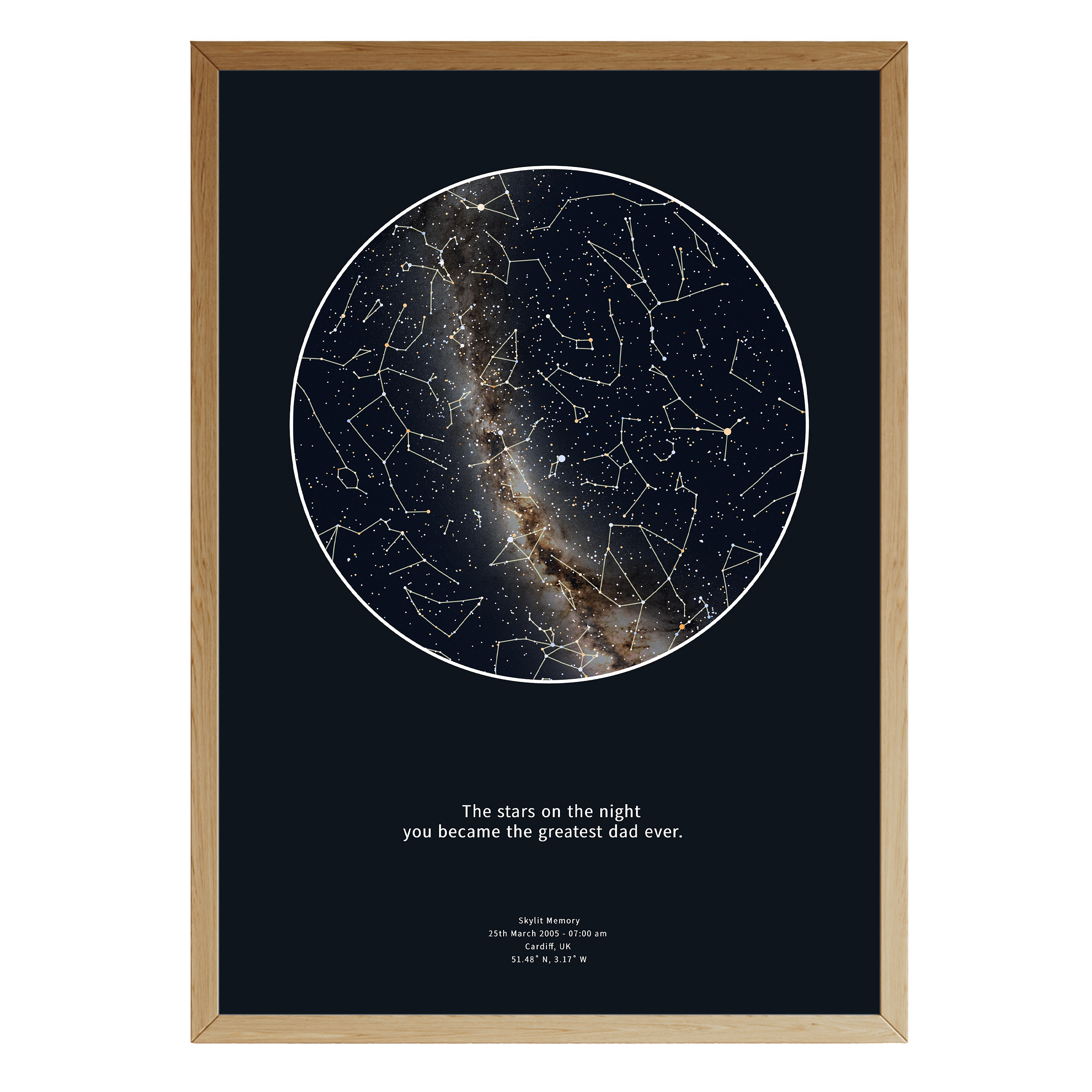 Framed personalised star map with constellation lines and Milky Way detail on a dark blue background, featuring the quote ‘The stars on the night you became the greatest dad ever’ – custom print by Skylit Studio.