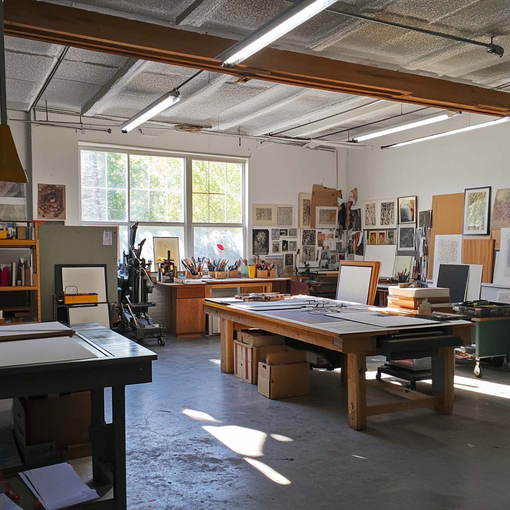 A well-lit artisan print studio with large wooden work tables, framed artwork on the walls, and various printing tools and supplies neatly arranged, showcasing the creative space where personalised star maps are crafted.