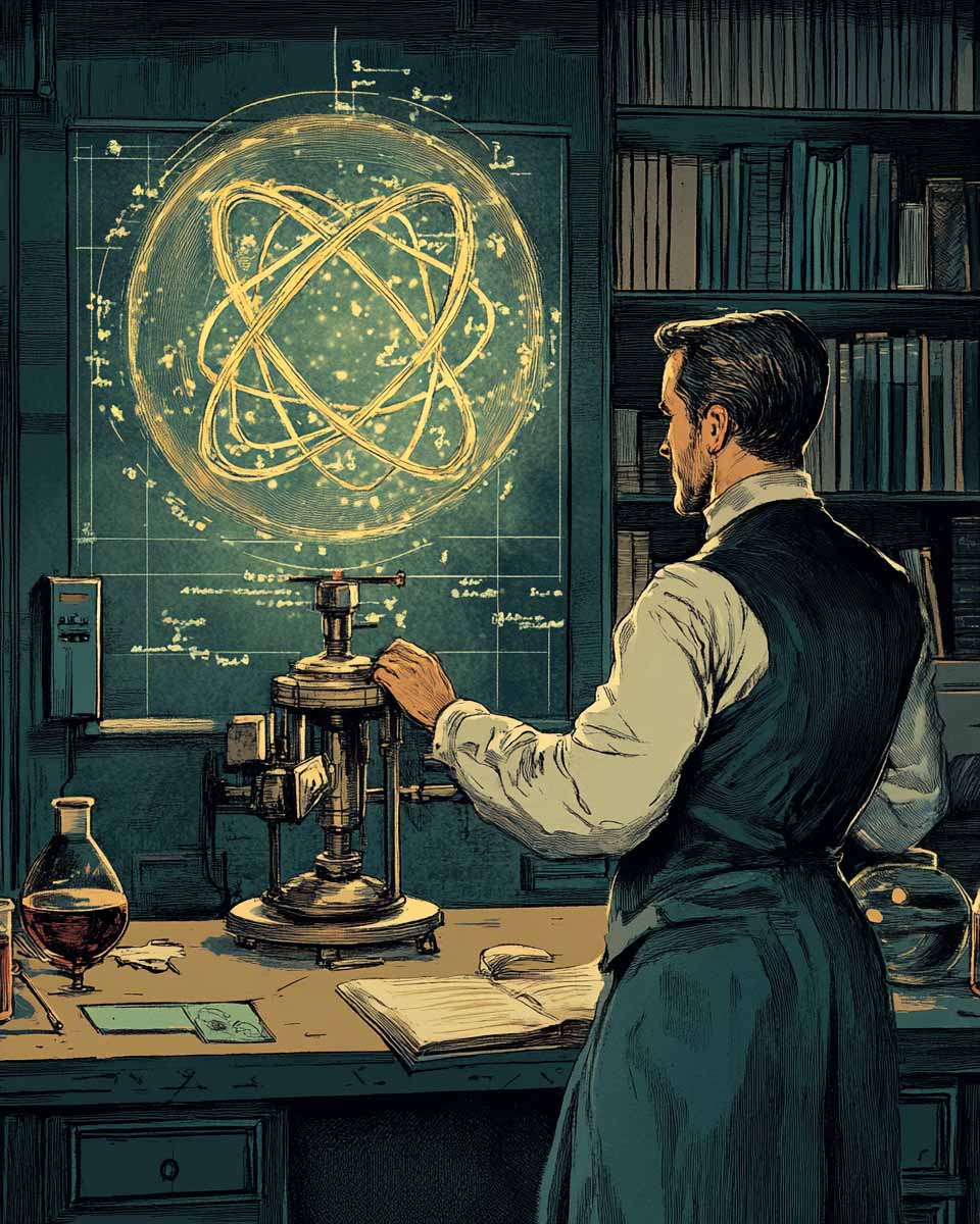 An atmospheric illustration depicting a Victorian-era scientist in a dark study, surrounded by bookshelves filled with thick volumes. He is intently working on a complex brass apparatus that projects a glowing, intricate geometric shape resembling an atomic model. The room is lit by the ambient glow of the projection, creating a scene that blends science with mysticism.