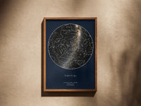 Navy star map in a wooden frame on a plaster wall
