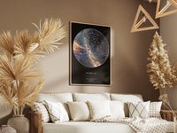 Personalised star map in a natural frame above a sofa
