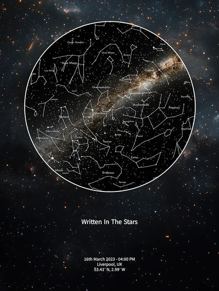 Personalised star map print showing the night sky with labelled constellations and the Milky Way, customised with a special date, time and location to commemorate a meaningful moment.
