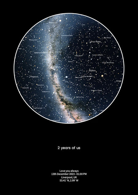 Custom star map print illustrating the exact night sky from a chosen date and location, highlighting constellations and the Milky Way to celebrate an anniversary or relationship milestone.