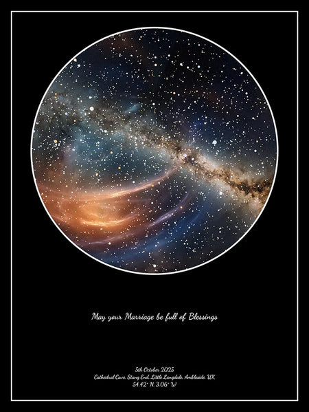 Elegant, personalised star map artwork created for a wedding, depicting a beautifully rendered night sky with custom message, date and location inside a minimalist circular frame.