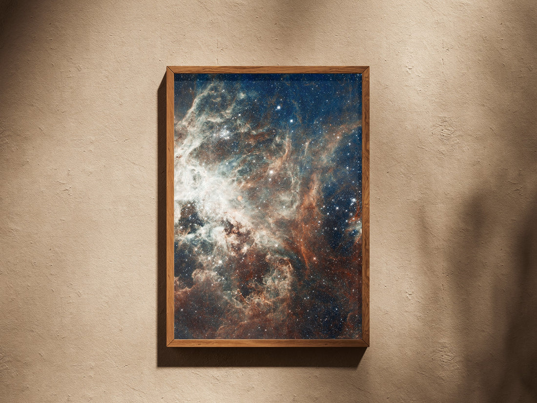 Tarantula Nebula print in a wooden frame on a plaster wall