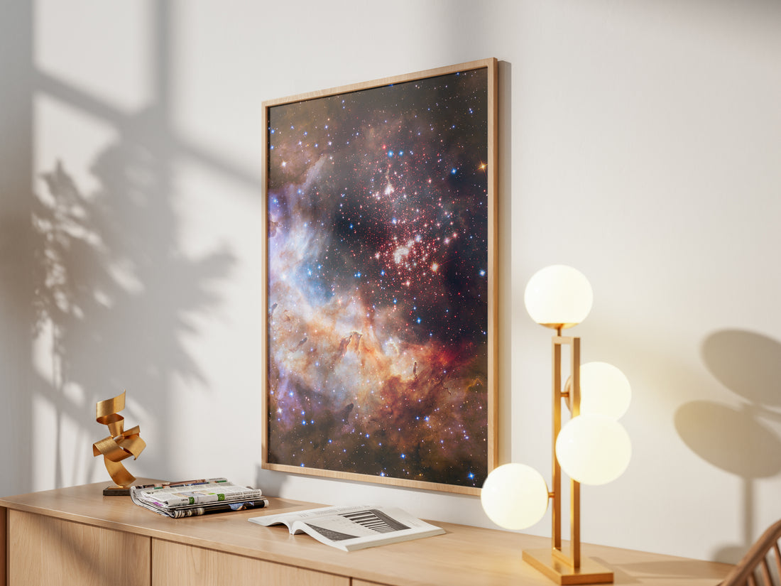 Framed Westerlund 2 print by Skylit Studio on a sideboard in a bright living room