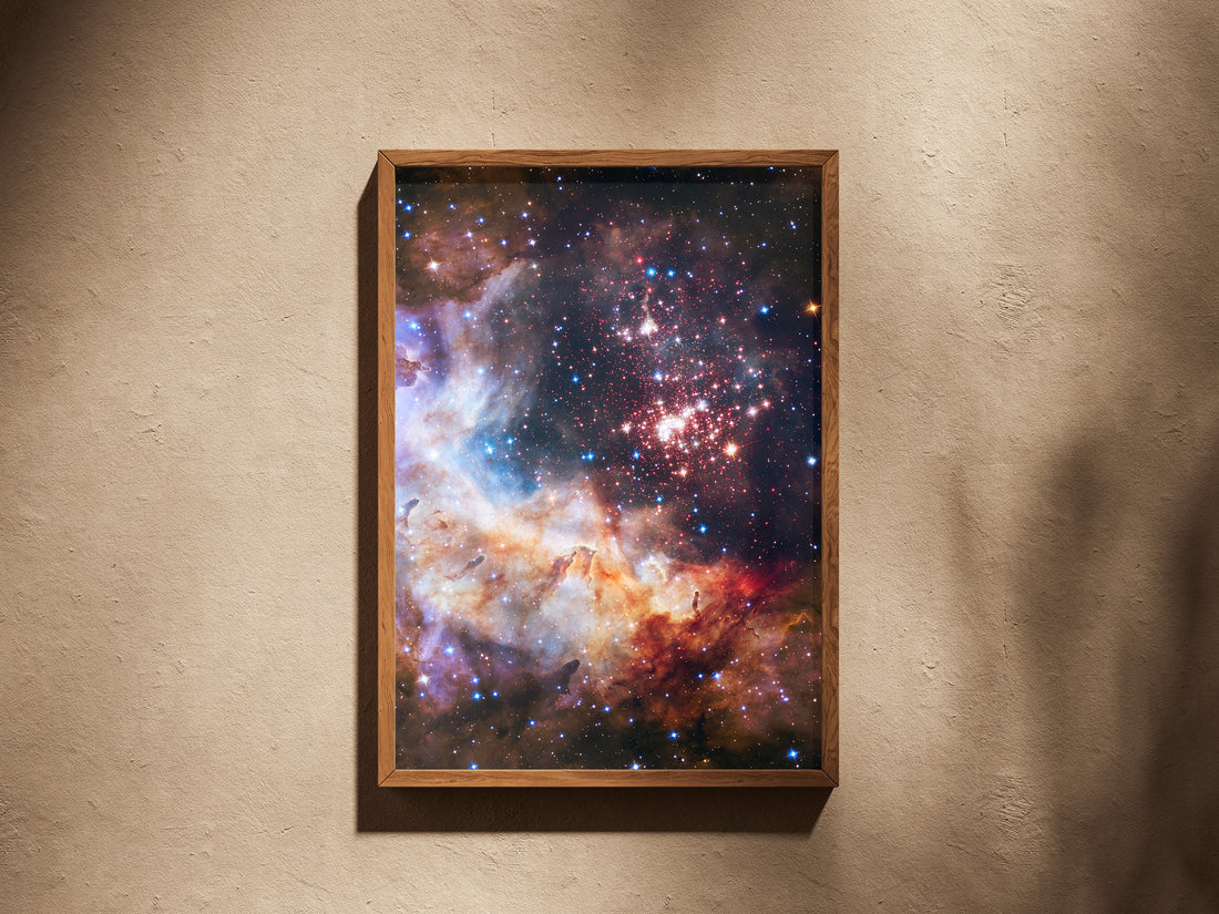 Westerlund 2 print in a wooden frame on a plaster wall