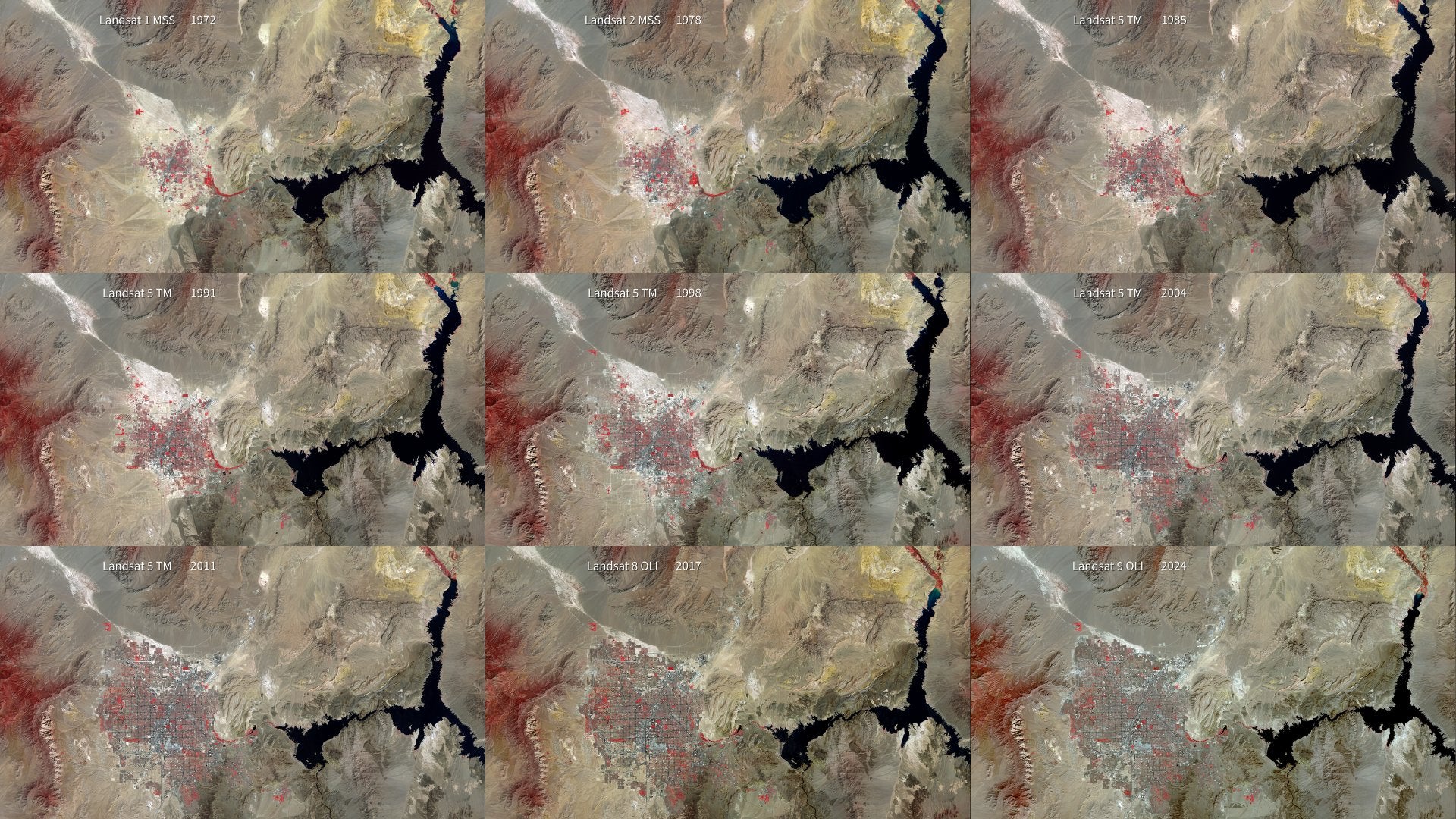 Las Vegas growth from 1972 to 2024 in a 9-image Landsat composite