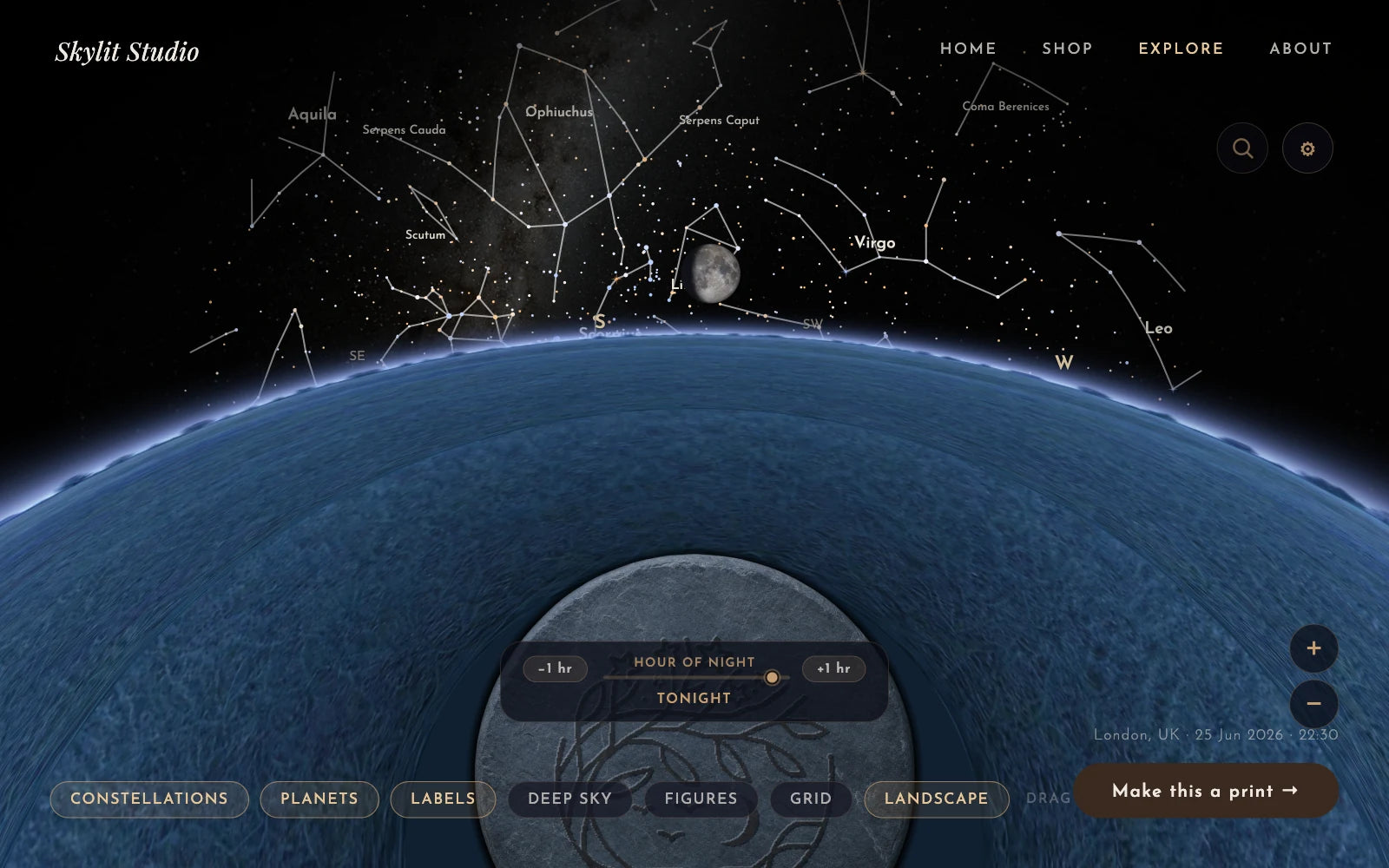Skylit Studio Night Sky Explorer showing the real Milky Way, the Moon and constellations over the horizon