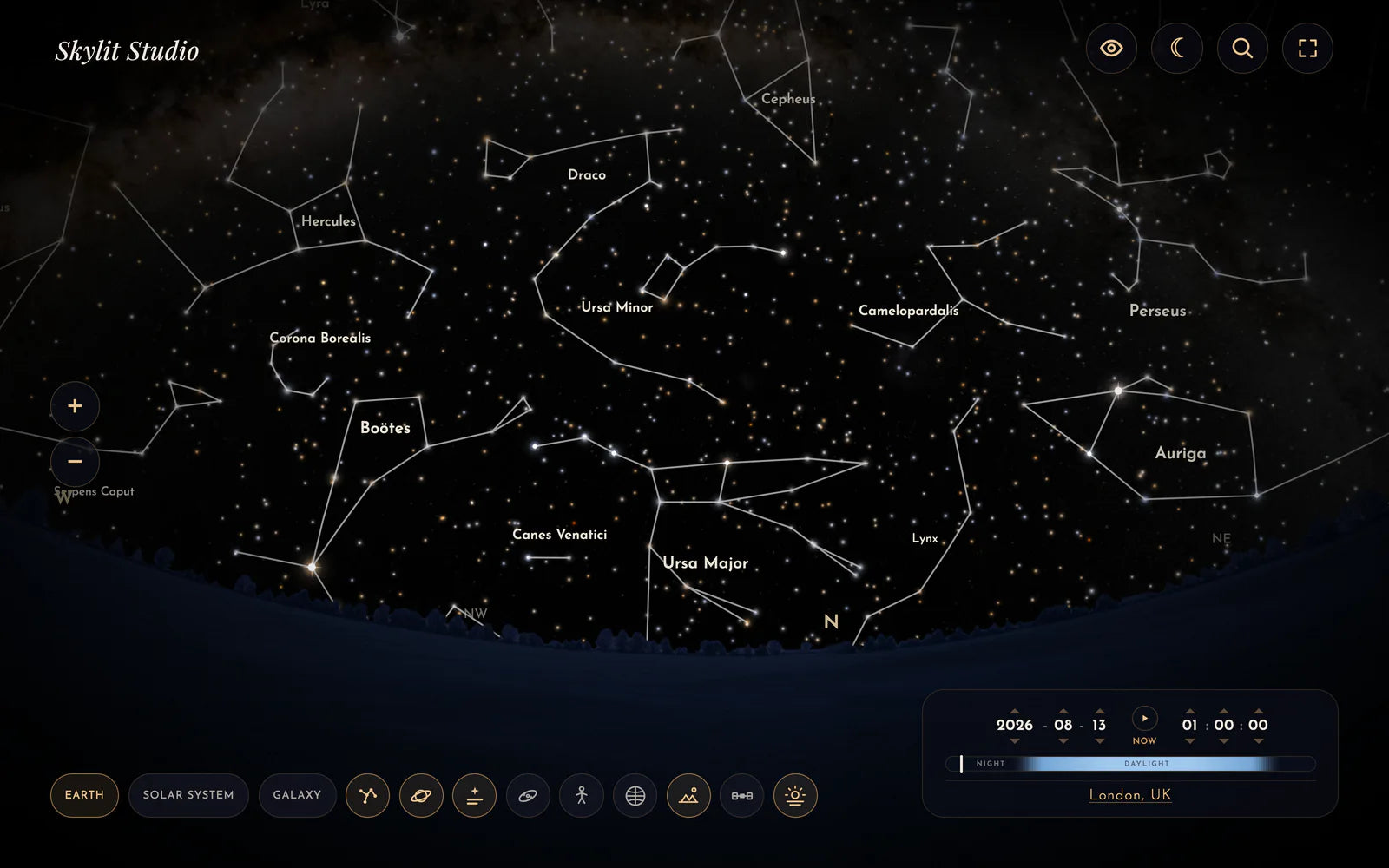 The Skylit Studio Night Sky Explorer set to 1am on 13 August 2026, showing Perseus and the radiant of the Perseid meteor shower in the north-eastern sky over London