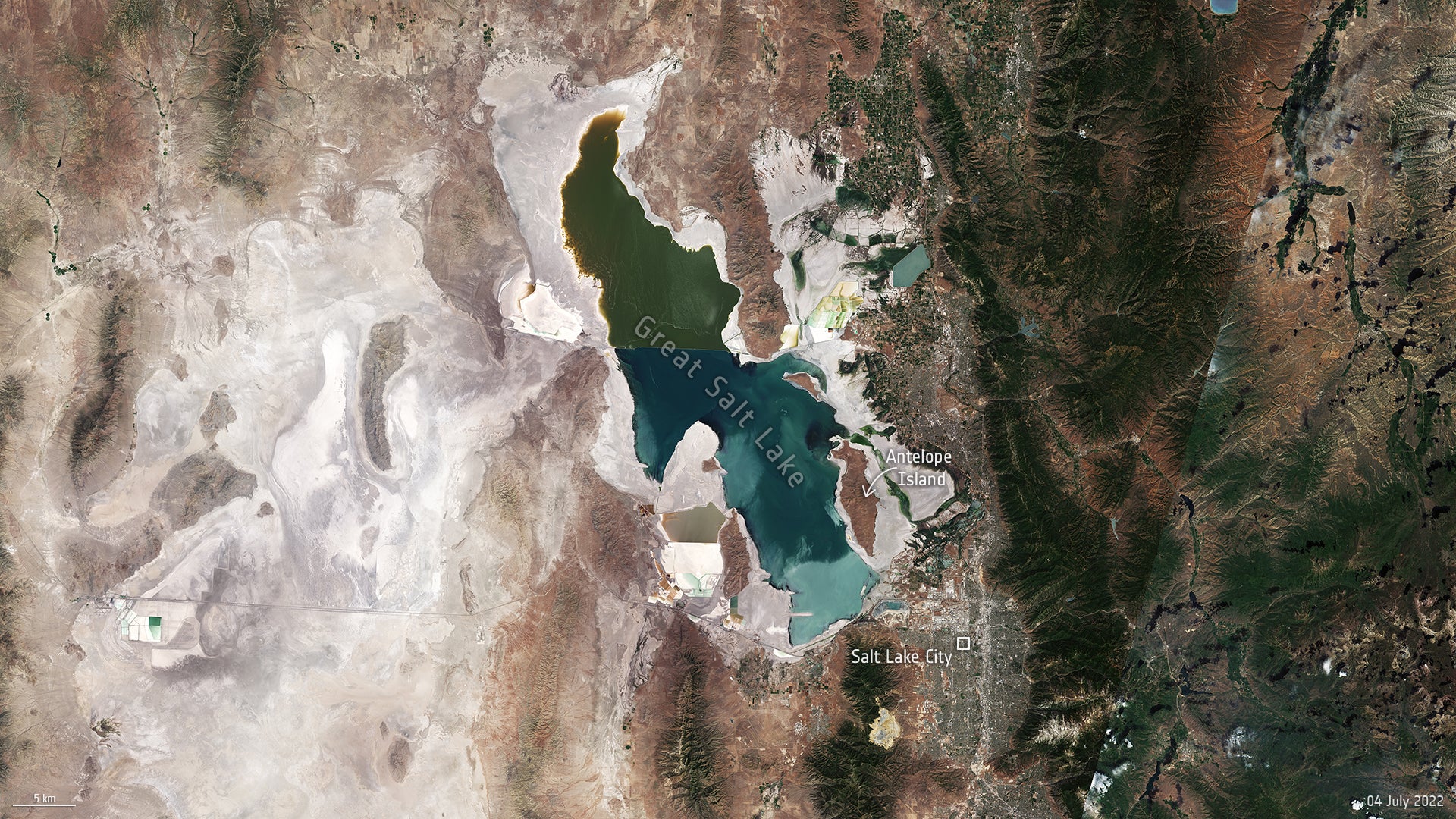 Utah's Great Salt Lake in July 2022, Copernicus Sentinel-2 imagery