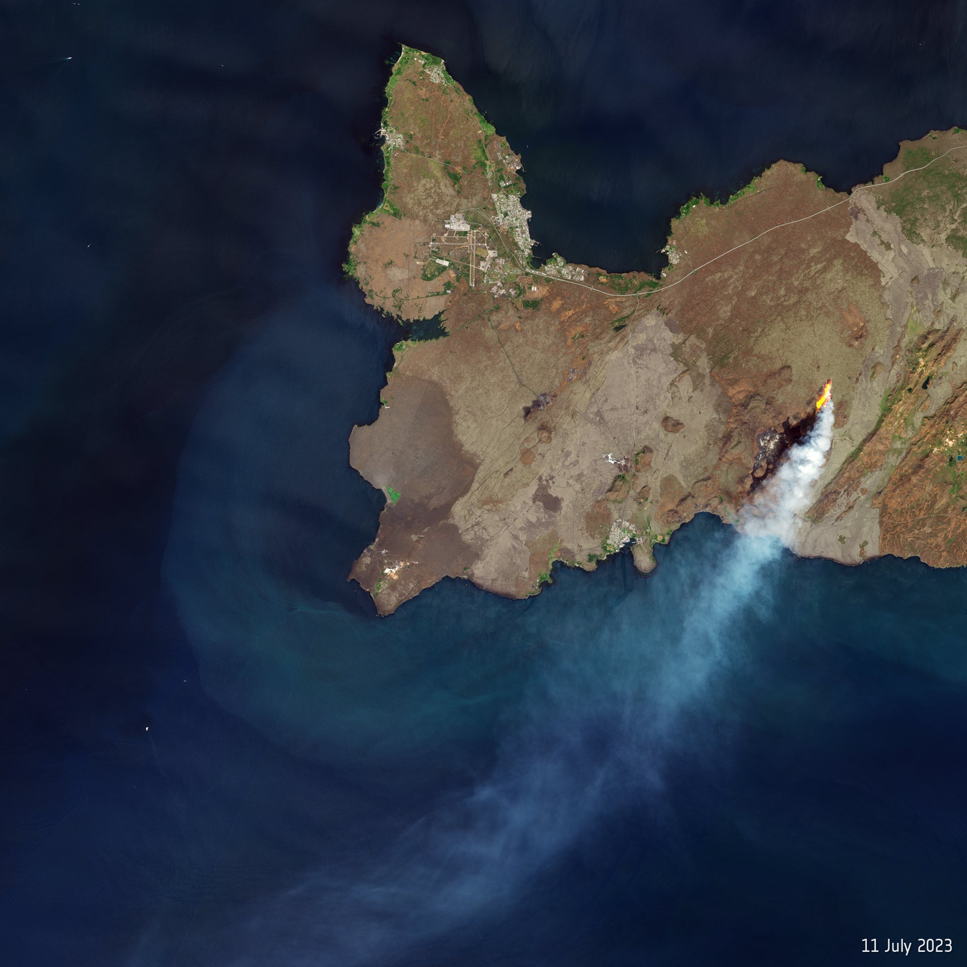 Sentinel-2 image of the Litli-Hrutur eruption in southwest Iceland, July 2023, with a long smoke plume blowing southwest