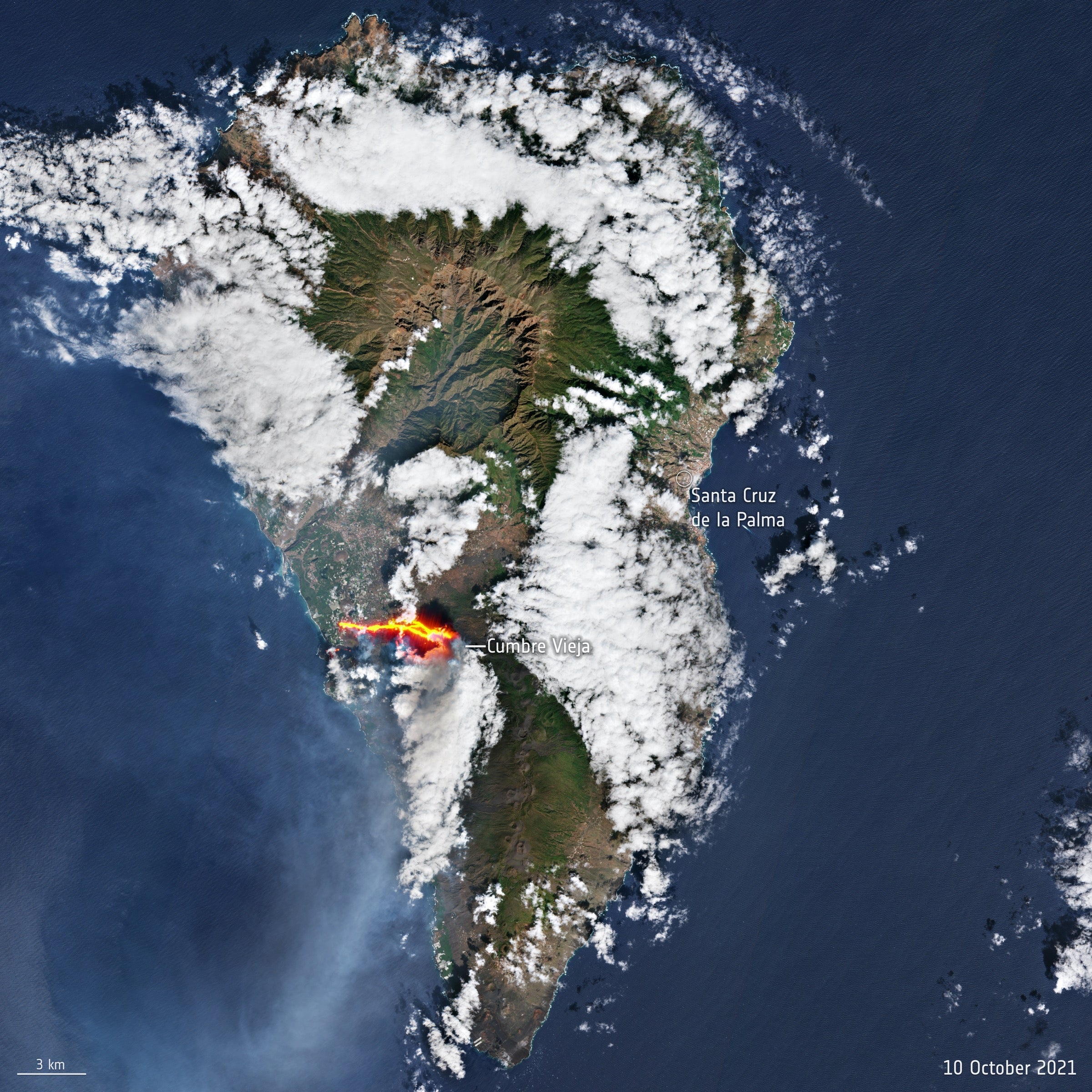 La Palma volcanic eruption photographed by Sentinel-2 on 10 October 2021, with lava shown in bright orange via shortwave infrared
