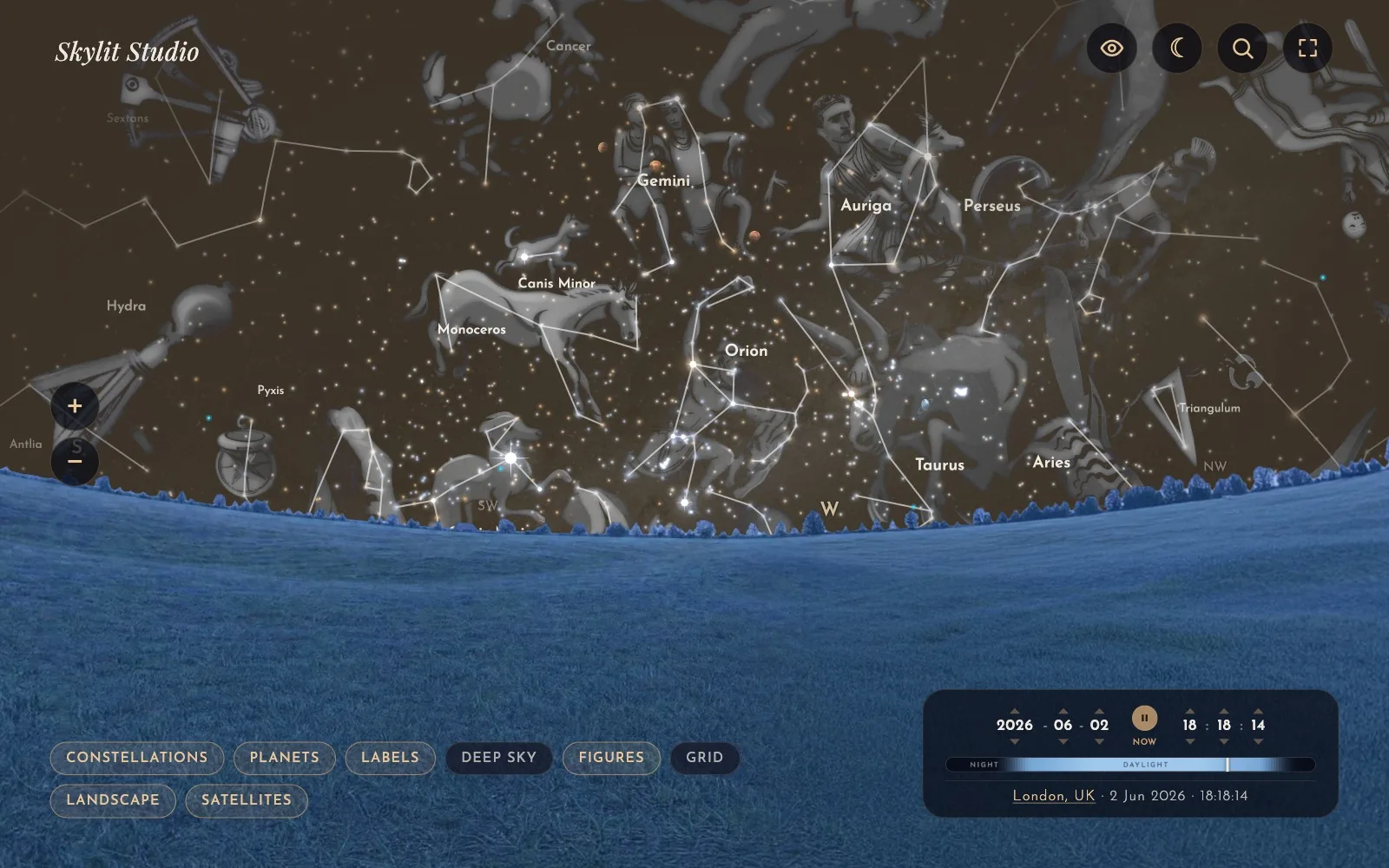 Hand-drawn constellation figures including Orion, Gemini, Auriga, Perseus and Taurus glowing over the stars in the Night Sky Explorer