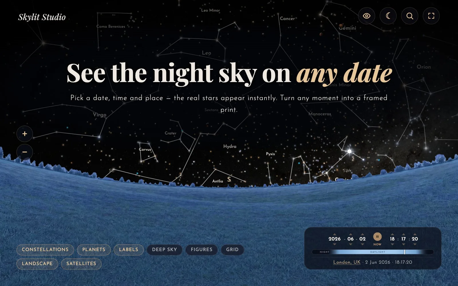 The Skylit Studio Night Sky Explorer showing the real night sky over a moonlit horizon, with the headline See the night sky on any date