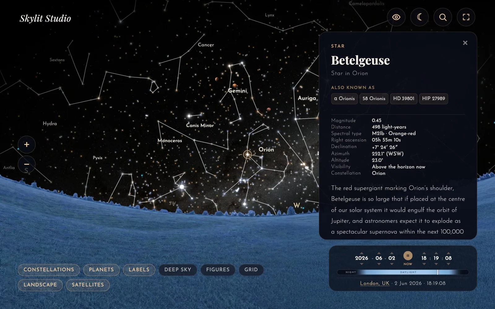 Tapping the star Betelgeuse in the Night Sky Explorer opens a card with its magnitude, distance of 498 light years, spectral type and a short description